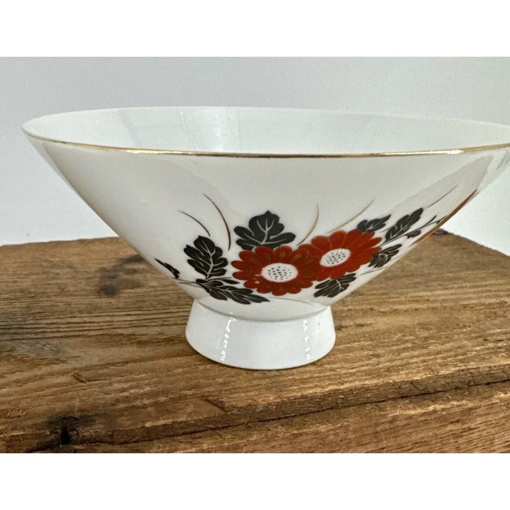Rice Bowls Set of 4 Japanese Porcelain Vintage Red Poppy Floral Gold‎ Trim